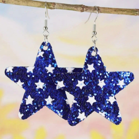 Blue & White Glitter Star 1" Earrings - Picture 1 of 1